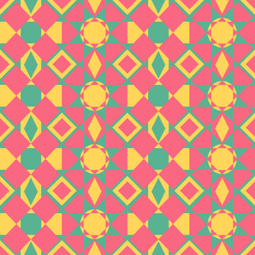 Geometric seamless pattern vibrant pink, teal and yellow diamonds, circles and triangles in modern abstract mosaic. Repeating background with retro, colorful, stylish decorative design. Vector