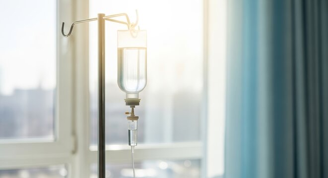 IV drip on metal stand in hospital room with natural light streaming through window. Medical equipment includes saline solution on IV stand, reflecting care and treatment atmosphere.