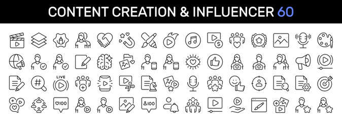 Content Creation & Influencer thin line icon set. Editing, Blogger, Marketing, Creator, Social Media, Production concept. Black outline vector icons collection. © Nivins McTwisp