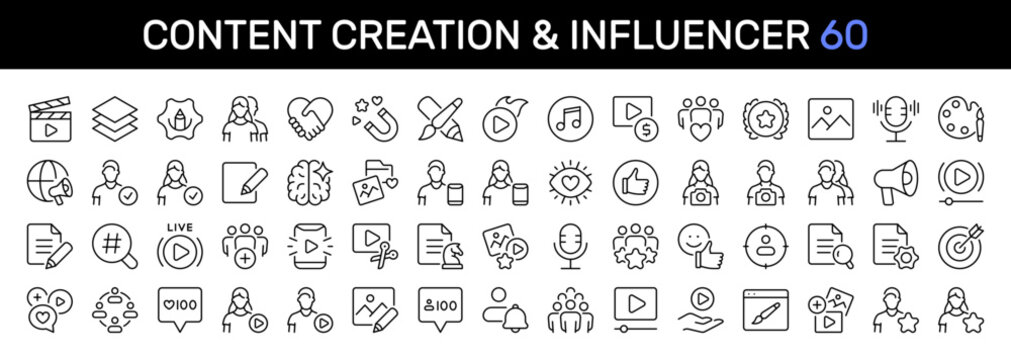 Content Creation & Influencer thin line icon set. Editing, Blogger, Marketing, Creator, Social Media, Production concept. Black outline vector icons collection.