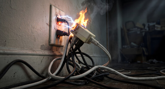 Electrical wall outlet overloaded with multiple plugs causing fire hazard smoke and sparking flame.
