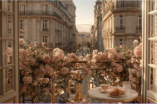Beautiful romantic Parisian balcony view with a fresh croissant coffee and luxury pink roses blooming overlooking a historic Paris street