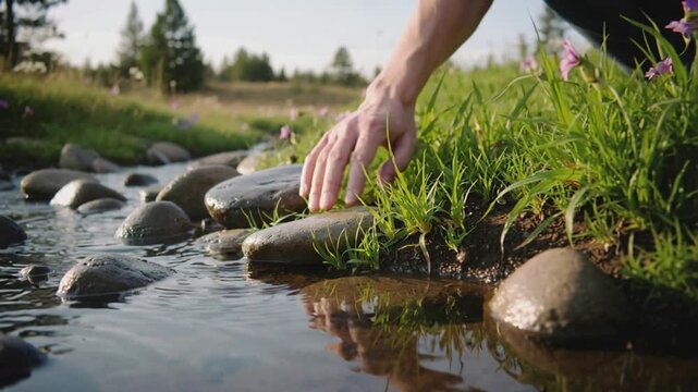 Entering frame, hand pressing, dragging fingers on wet stone at stream bank, exploring texture