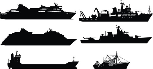 Maritime Ship Silhouette Collection with Passenger Ferry, Cargo, Naval, and Fishing Vessel Designs © Mokshad Ali
