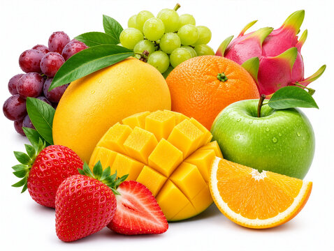 Fresh Mixed Tropical and Citrus Fruits Collection Isolated on White Background with Mango, Orange, Dragon Fruit, Grapes, Apple and Strawberries