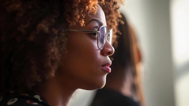 Keeping woman with glasses and patterned top listening during speaker starting in meeting