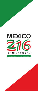 Modern 216th Anniversary Mexico Independence Day 2026 Ribbon Typography Vertical Poster Banner Template Design  with Tricolor Ribbon for Mexico D&iacute;a de la Independencia Celebrations. 