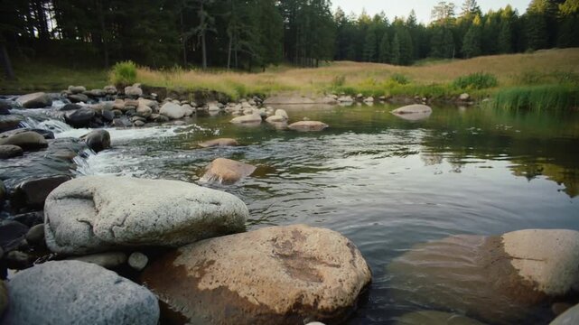Flowing shallow stream moving around large boulders near bank, left faster flow creating cascade