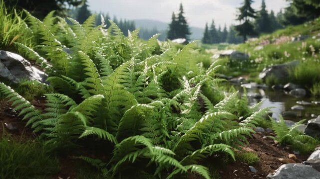 Pushing camera forward bringing dense green fern cluster closer in meadow, revealing shallow stream