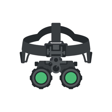 Night vision goggles with green lenses on a black strap, isolated cutout illustration