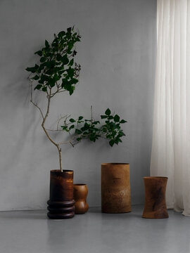 Handmade wooden organic products placed in a artful way. Art deco interior magazine