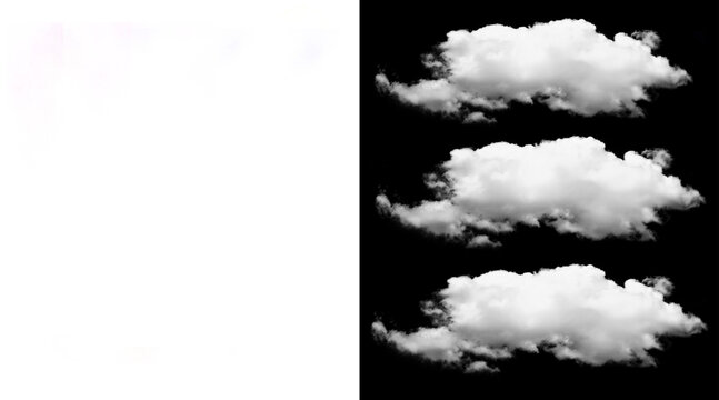 Fluffy white clouds isolated on black background, set of 3 realistic cumulus cloud elements, atmospheric weather design assets for sky replacement