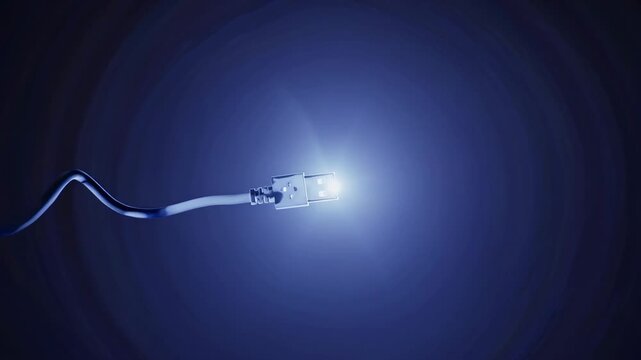 USB cable with illuminated connector transitions from dark to bright against a gradient background, showcasing the connection and power flow in a visually striking manner