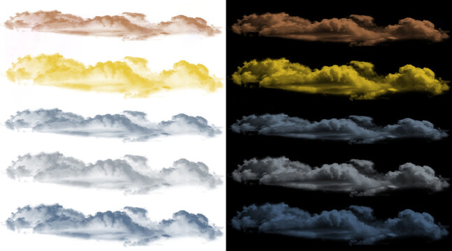 Cinematic cloud texture set in multiple colors, realistic fluffy cumulus clouds on black and white backgrounds, atmospheric sky design elements