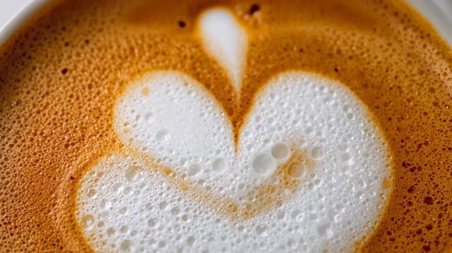 Pouring milk stream at top center forming heart-shaped foam in cup with crema, creating latte art