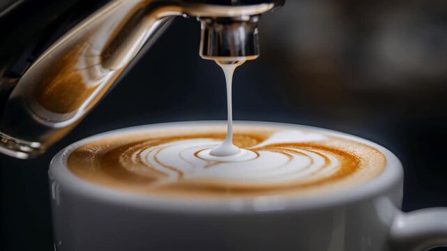 Receiving white ceramic cup as metal nozzle releasing milk column at coffee bar, forming latte art
