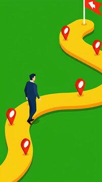 Businessman walking on a winding yellow path with red map markers towards a red flag destination, representing goal achievement and strategy