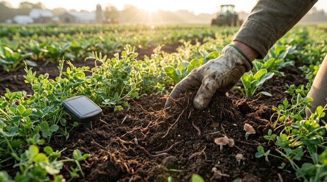 Farmer hand touching fertile soil with earthworms and roots in organic field, sustainable agriculture concept, close up view of agricultural worker checking ground quality at su...