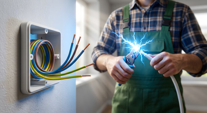 Electrician working with electrical wires and tools inside building renovation project closeup shot.