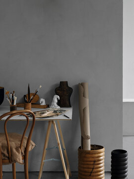 Handmade wooden organic products placed in a artful way. Art deco interior magazine
