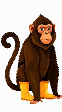 Cartoon monkey sitting in yellow rain boots, funny animal character, pixel art style, isolated on white.