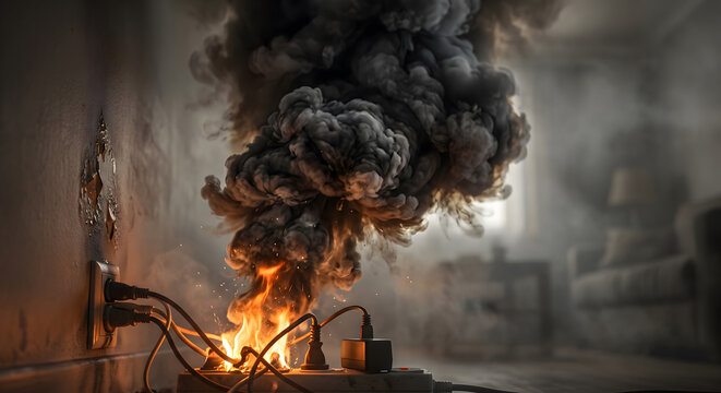 House fire starting from faulty power strip outlet with black smoke filling room causing danger.