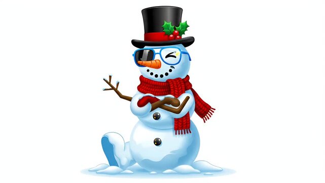Smiling snowman wearing sunglasses, red scarf, and top hat, cartoon style, isolated on white
