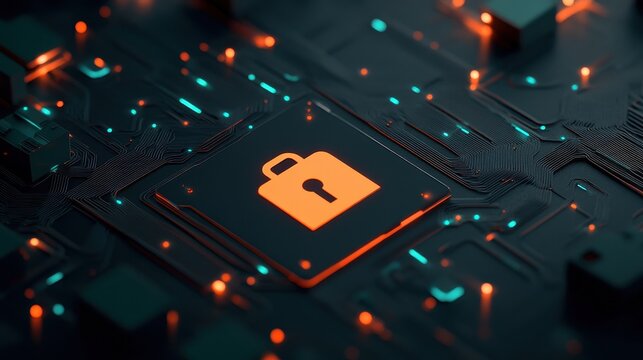 A glowing orange lock symbol is centered on a futuristic circuit board, representing digital security and cybersecurity technology.