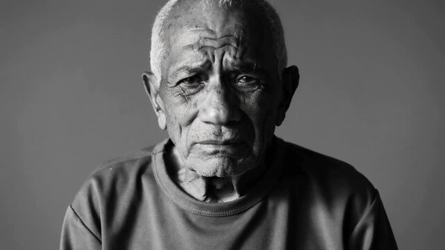 Sitting senior in crewneck making tilts and blinking, camera rolling for portrait shoot in studio