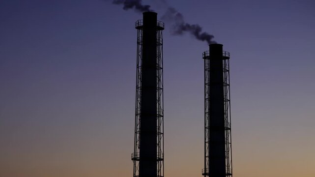 Industrial smokestacks releasing smoke against a twilight sky, showcasing the gradual change in lighting and atmosphere across the frames in a power generation setting