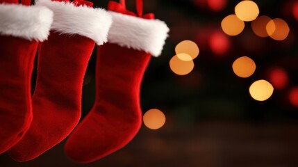 Fototapeta premium Three red Christmas stockings with fluffy white cuffs hang against a backdrop of softly blurred warm holiday lights.