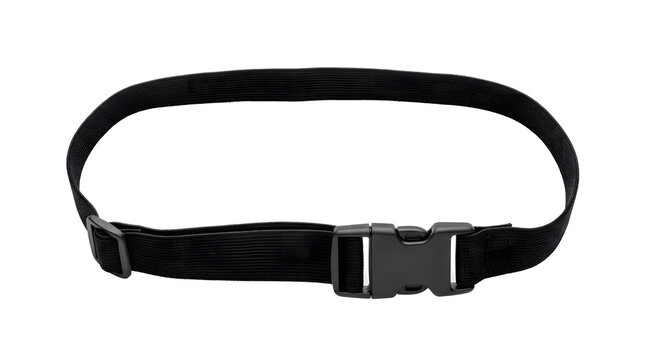 Black elastic belt with plastic buckle on a white background.