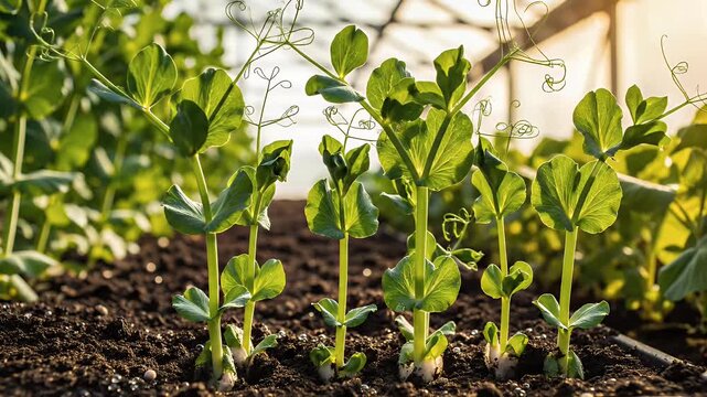 Young pea plants growing in rich soil inside a greenhouse, bathed in warm sunlight, symbolizing growth and agriculture