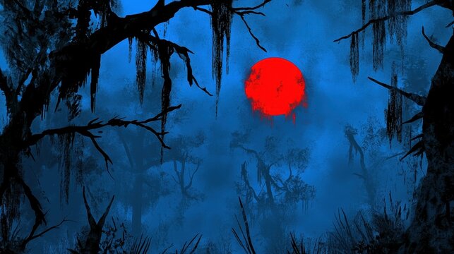 A dark, eerie forest with twisted branches contrasts against a deep blue background, highlighted by a large, dripping red moon.