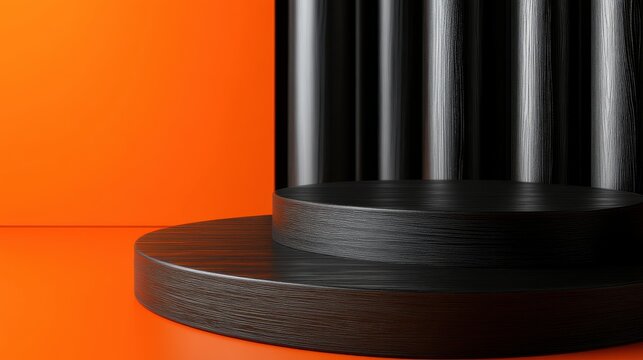 A sleek black two-tiered circular platform sits on a vibrant orange floor against a matching wall, creating a bold minimalist scene.