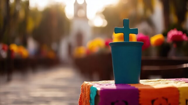 A blue cross-shaped candle sits on a colorful cloth, illuminated by warm sunlight, with vibrant flowers and a pathway softly blurred in the background.