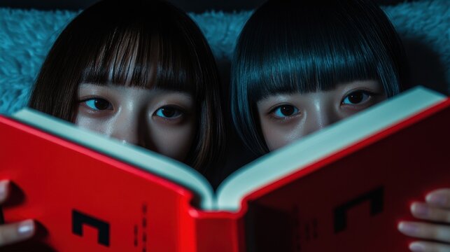 Two individuals with bangs share an intimate moment, closely reading a large red book in low, moody lighting.