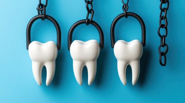 Three large white tooth models are suspended by black chains against a blue background, featuring an empty chain link on the right.