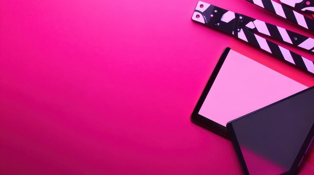 Two tablets and a film clapperboard sit on a vibrant pink surface, representing a fusion of digital and traditional media tools.