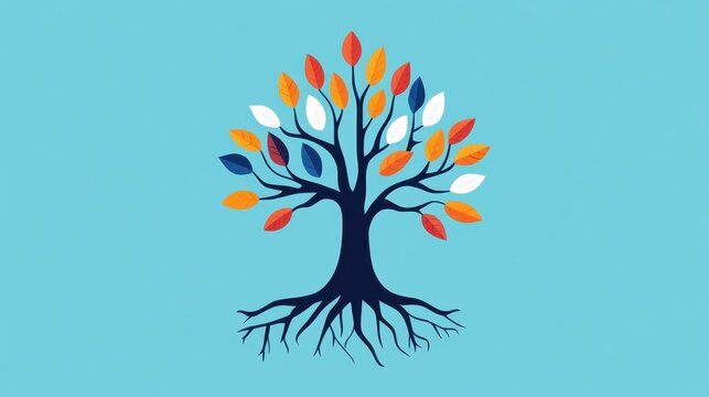 A stylized tree with dark blue branches and roots against a light blue background, adorned with vibrant orange, red, white, and blue leaves.