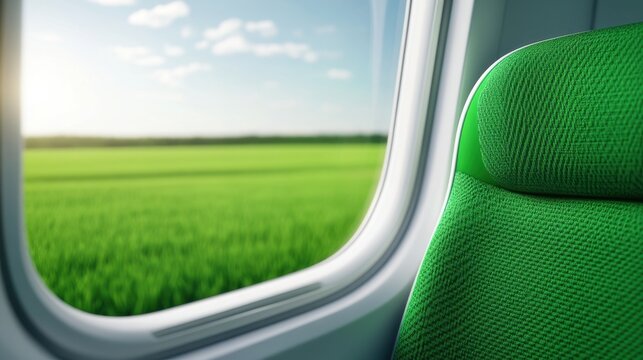 A green fabric airplane seat by a window offers a view of lush fields and a partly cloudy sky.