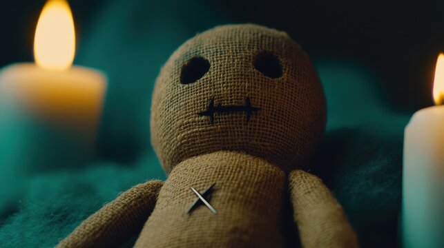 A burlap voodoo doll with stitched features and a needle in its chest sits between two lit candles, evoking a mysterious and eerie atmosphere.