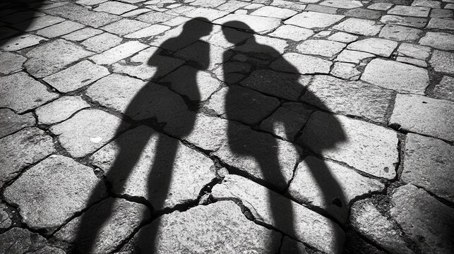 The shadows of two people standing close together are cast on uneven cobblestone pavement, hinting at a conversation.