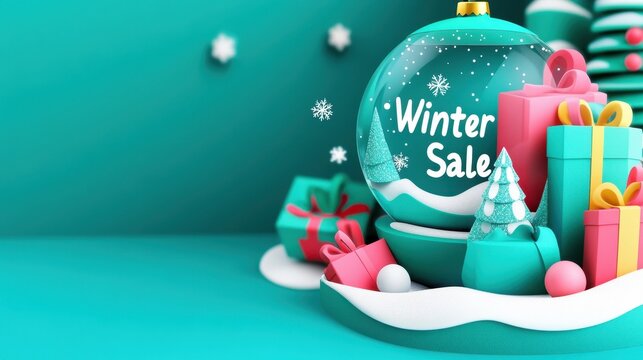 A vibrant winter sale display showcases a snow globe, glittery trees, and wrapped gifts in teal, pink, and yellow against a teal background.