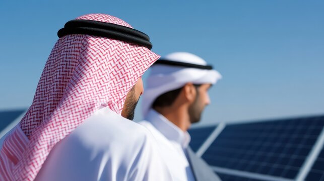 Two men in traditional Middle Eastern attire stand by solar panels, gazing at the horizon on a sunny day.