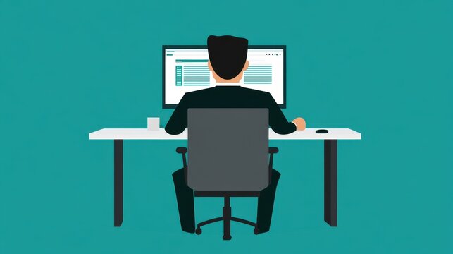 A person sits at a desk with a large computer screen displaying text, accompanied by a mug and mouse, against a solid teal background.