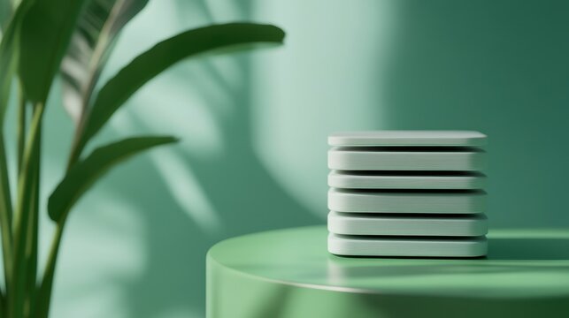 A stack of six white rectangular objects on a green table, surrounded by large green leaves and soft shadows against a mint green background.