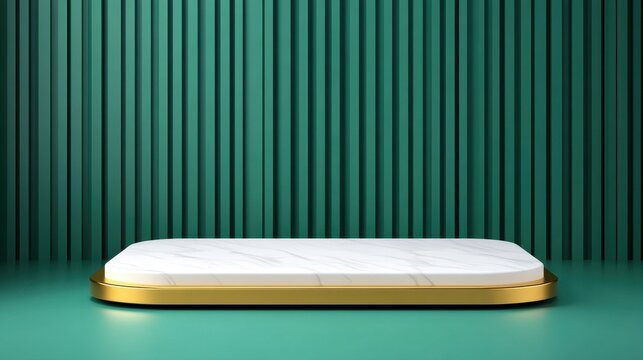A sleek white marble platform with a gold base stands against a textured teal wall, creating a modern and elegant display.