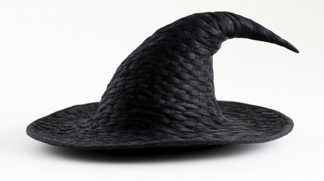 A black woven witch hat with a tall, curved tip on a white background.