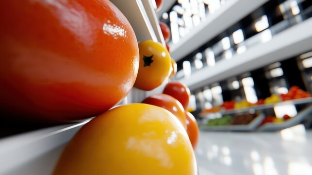 Close-up of fresh tomatoes showcased on shelves in a brightly lit modern grocery store.